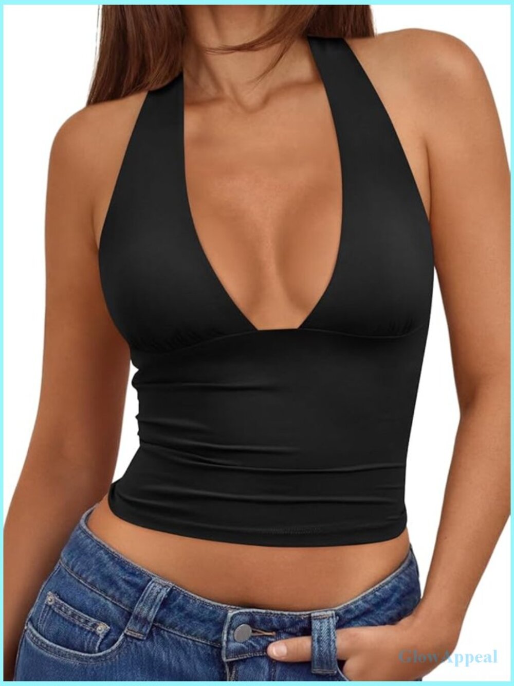 Double Lined Halter Top Open Back Deep V Neck Crop Top Women's Summer Party